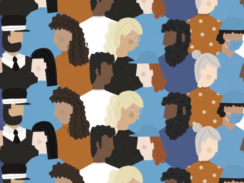 Repeating illustrations of faceless people from varying backgrounds.